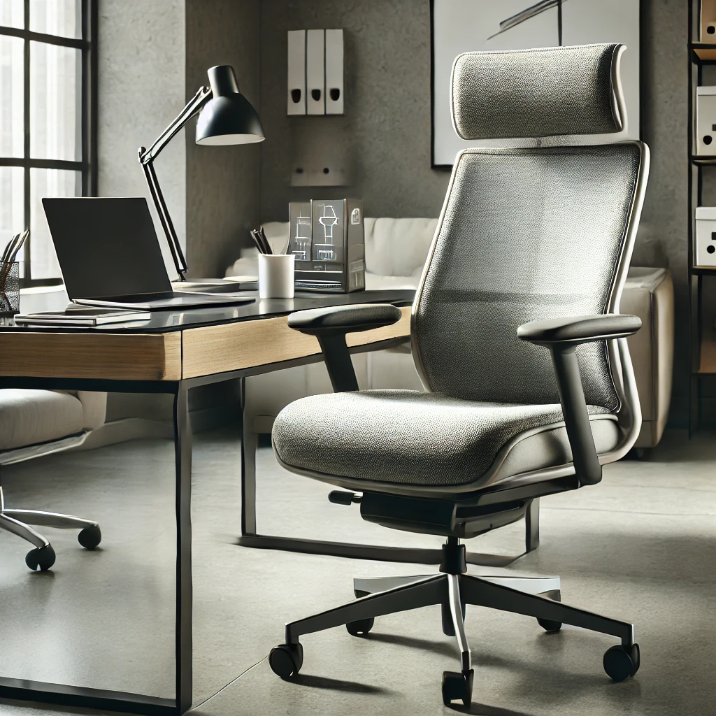 Ergonomic fabric executive office chair with a breathable mesh back, adjustable lumbar support, and cushioned seat, positioned at a sleek glass desk in a minimalist, contemporary office.