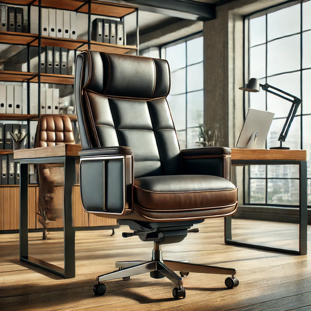 Premium leather executive revolving chair with plush padding, adjustable armrests, and a high backrest, showcased in a modern office with natural light and a stylish wooden desk.